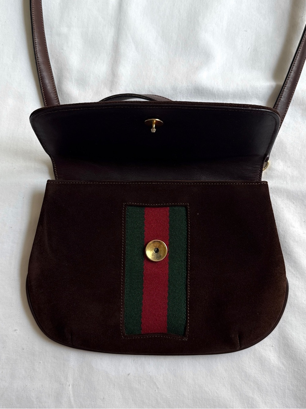 Vintage 1970s Gucci Rare Brown Suede Web Stripe Bag Quiet Luxury Crossbody - Picture 11 of 15